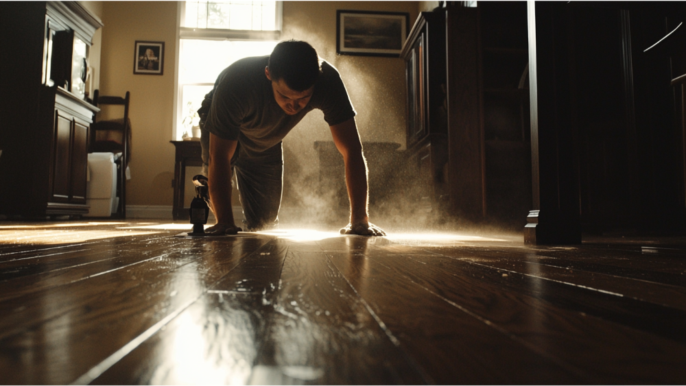 A man refinishing hardwood flooring