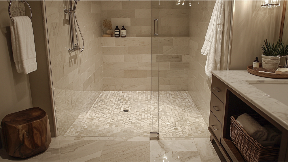 A tiled shower floor