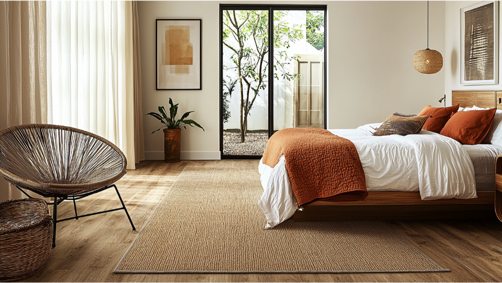 Hardwood floor and carpet in a bedroom