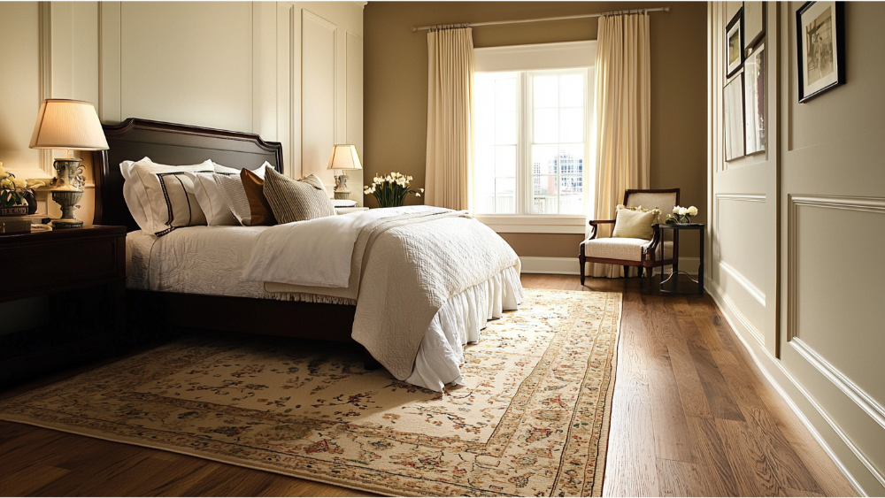 Carpet flooring and hardwood in a bedroom