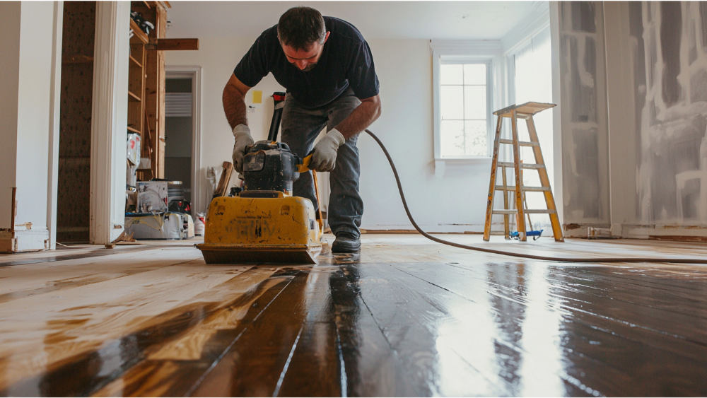 A man refinishing hardwood flooring