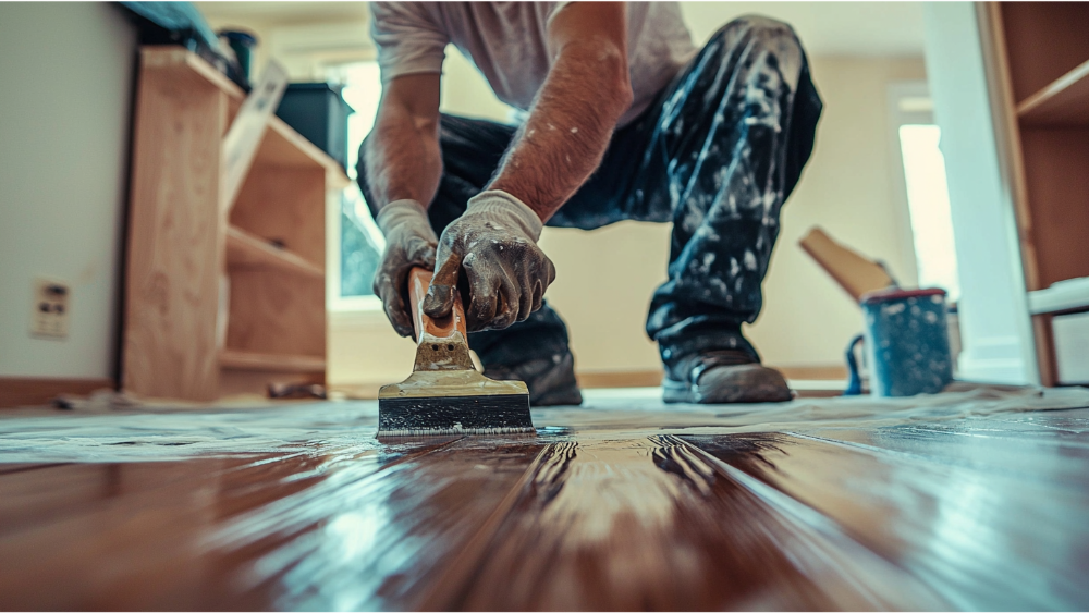 A man refinishing hardwood flooring