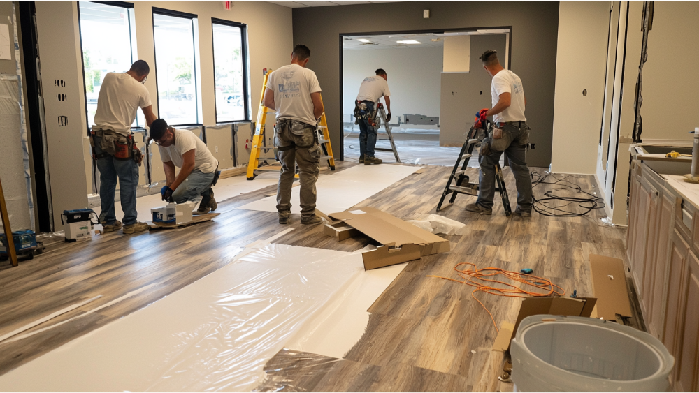 A team installing lvp luxury vinyl plank flooring