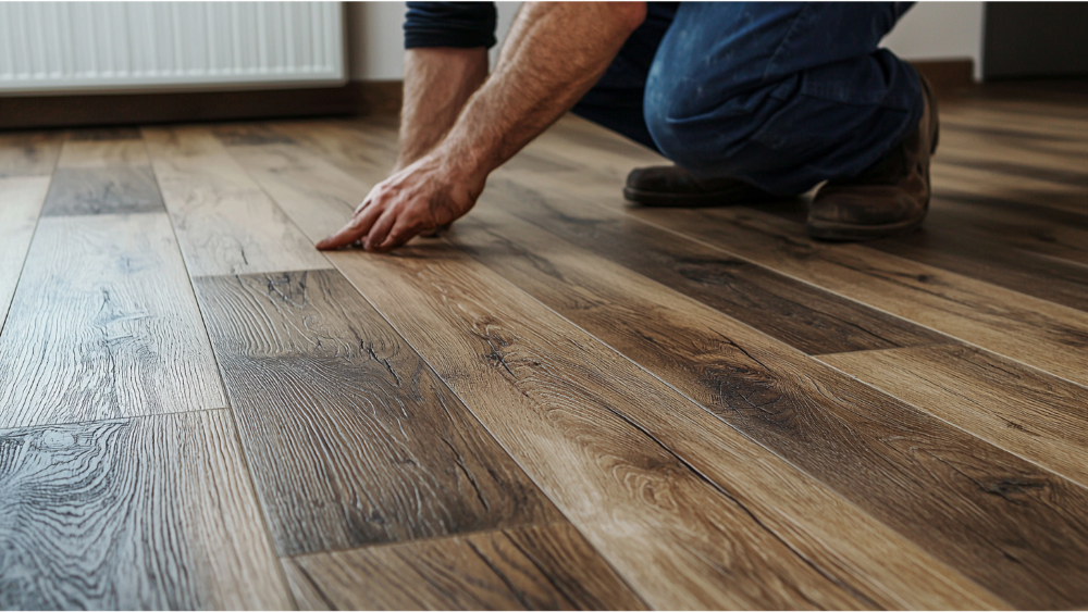 A man installing laminate flooring in a home