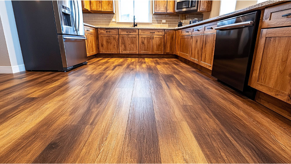 Kitchen with brown vinyl plank flooring and wood cabinets.