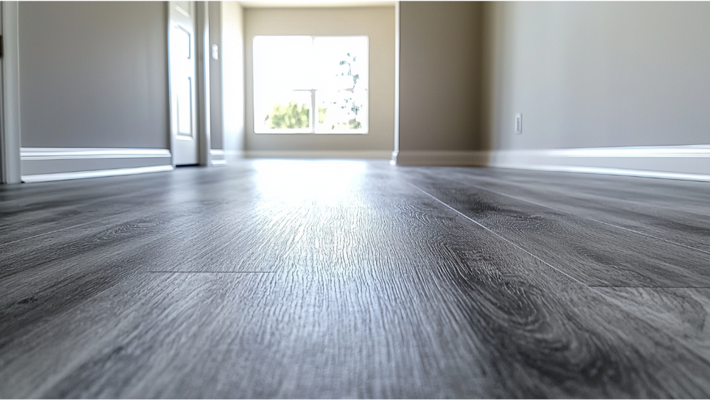 Close-up of gray vinyl flooring in a hallway.