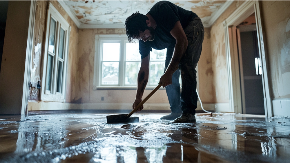 A man remodeling his home and removing wax off of his floors