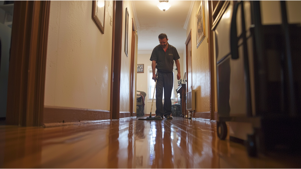 a man cleaning paint off of his hardwood floors