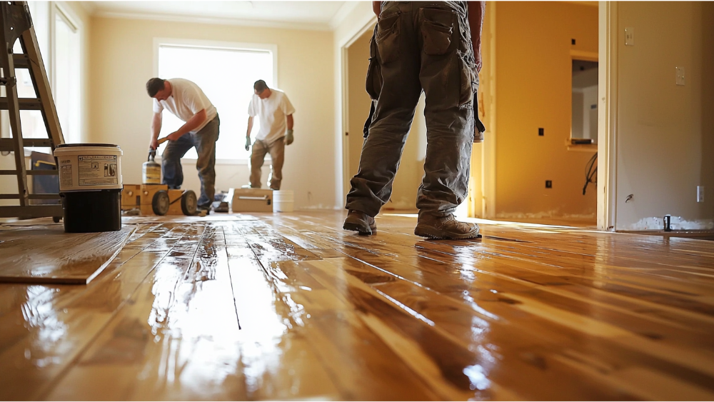 A team refinishing hardwood flooring