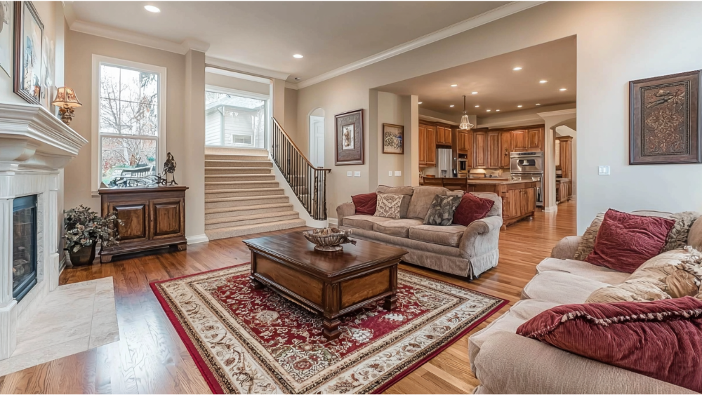 A living room with hardwood flooring