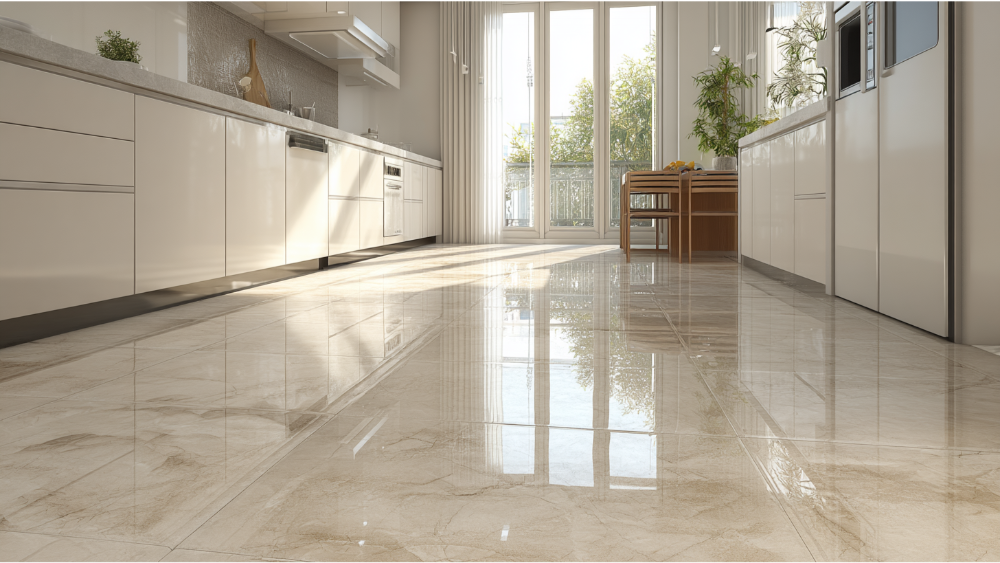 Modern kitchen with glossy porcelain floor tiles reflecting natural light from large windows.