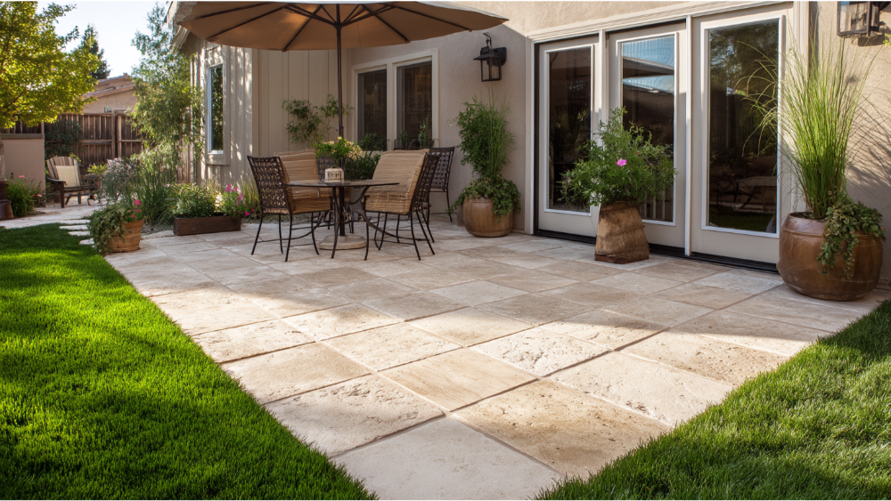 Outdoor patio space finished with large square travertine tiles, surrounded by greenery and seating under an umbrella.