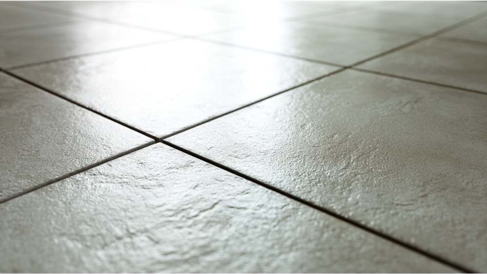 Close-up of matte porcelain floor tiles with textured surface and light grout lines.