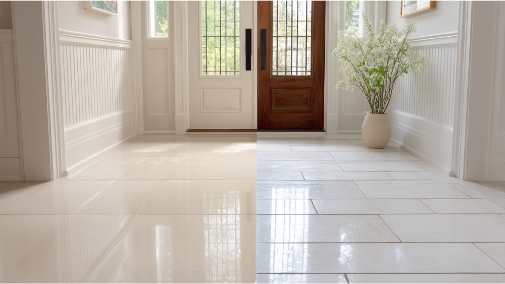 Entryway with a side-by-side comparison of polished and unpolished porcelain floor tiles in a bright foyer.