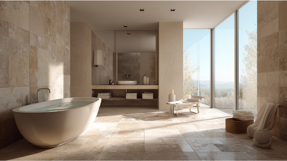 Spacious modern bathroom with honed travertine wall and floor tiles, featuring a freestanding tub and large glass windows.