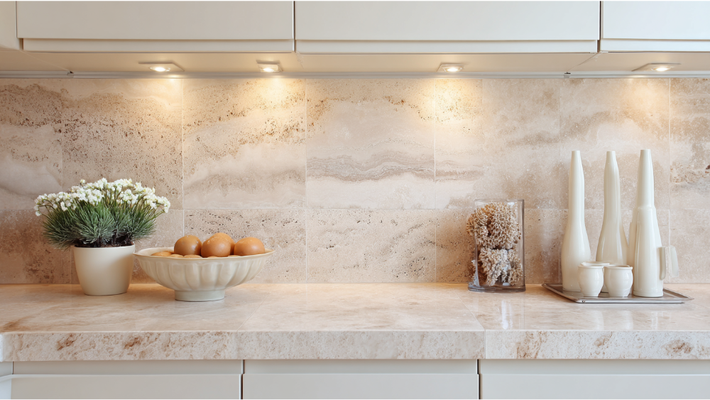 Beige travertine tile backsplash in a modern kitchen with neutral décor and under-cabinet lighting.