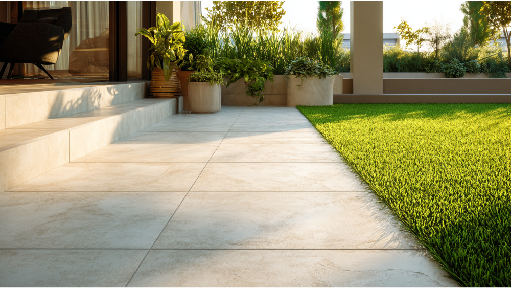Outdoor patio with large light-colored porcelain pavers and green lawn in a landscaped garden.