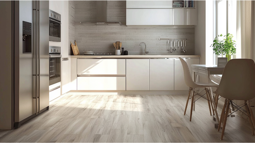 Bright kitchen with white cabinets and light gray vinyl plank flooring.
