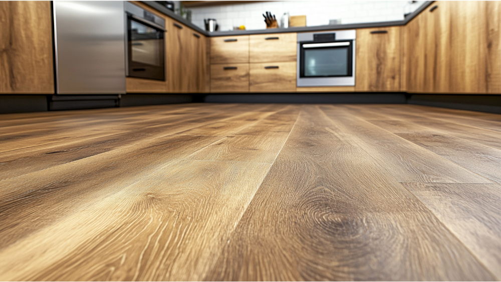 Contemporary kitchen featuring light oak-style vinyl plank flooring and wood cabinets.