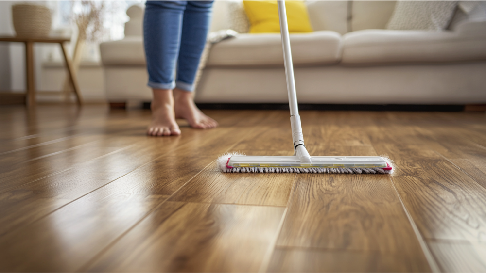 A women cleaning her lvp flooring with a sweeper