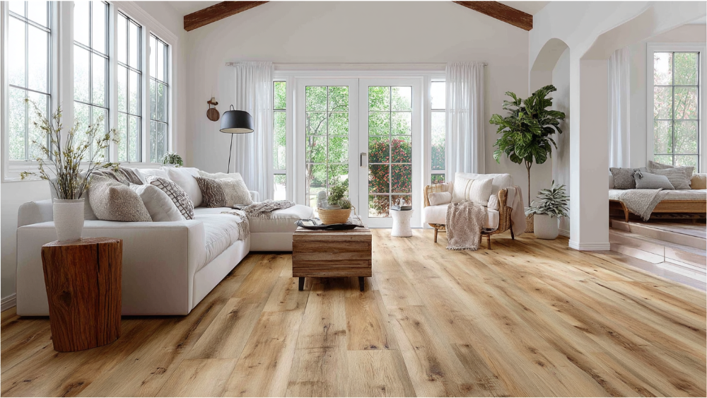 Warm and inviting living room with natural oak-style vinyl plank flooring, soft white furniture, wood accents, and ample natural light from large windows and glass doors.