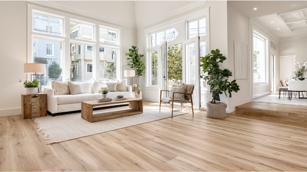 Airy living space with wide-plank light wood floors, a white sofa, natural wood coffee table, large windows, and neutral decor with greenery.