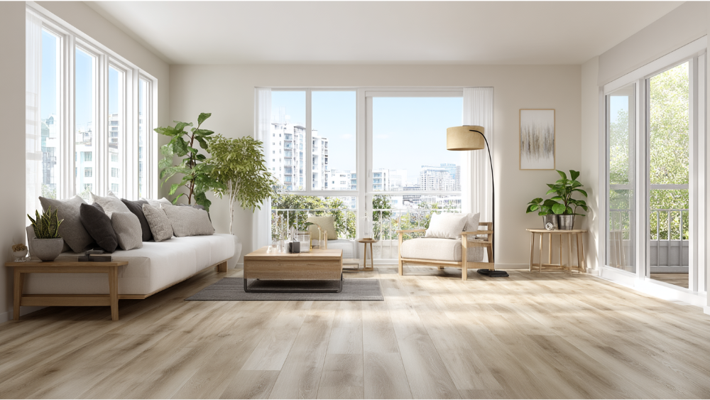 Sunny living space with wide plank light oak vinyl flooring, natural wood furniture, soft neutral decor, and expansive windows overlooking the city.
