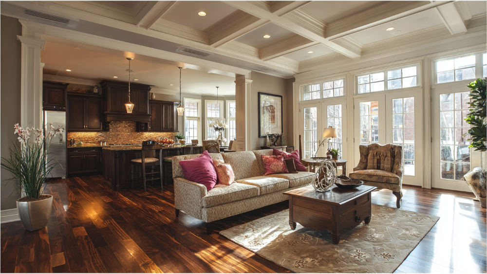 Elegant living space with dark hardwood flooring, coffered ceiling, warm-toned kitchen cabinetry, and classic furniture with natural light pouring through French doors.