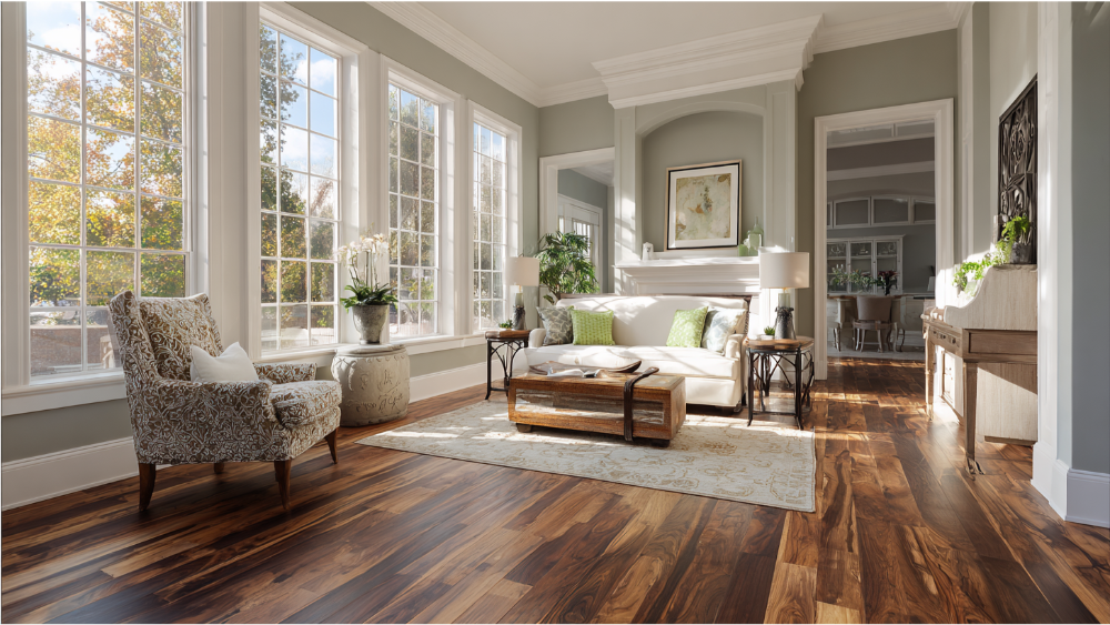 Classic living space with tall windows, richly toned hardwood flooring, detailed trim work, and traditional furniture in a light, neutral palette.