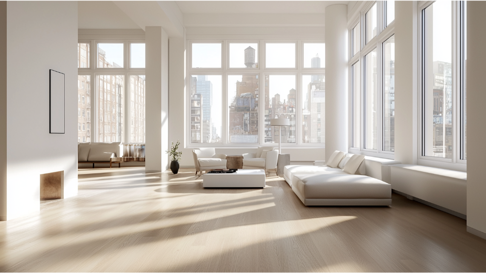 Spacious modern loft with pale wood flooring, white contemporary furniture, and expansive floor-to-ceiling windows showcasing a city view.