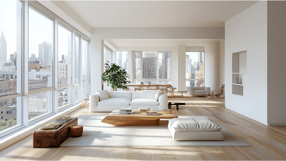 Spacious city apartment featuring pale vinyl plank flooring, large floor-to-ceiling windows, modern low-profile furniture, and skyline views.