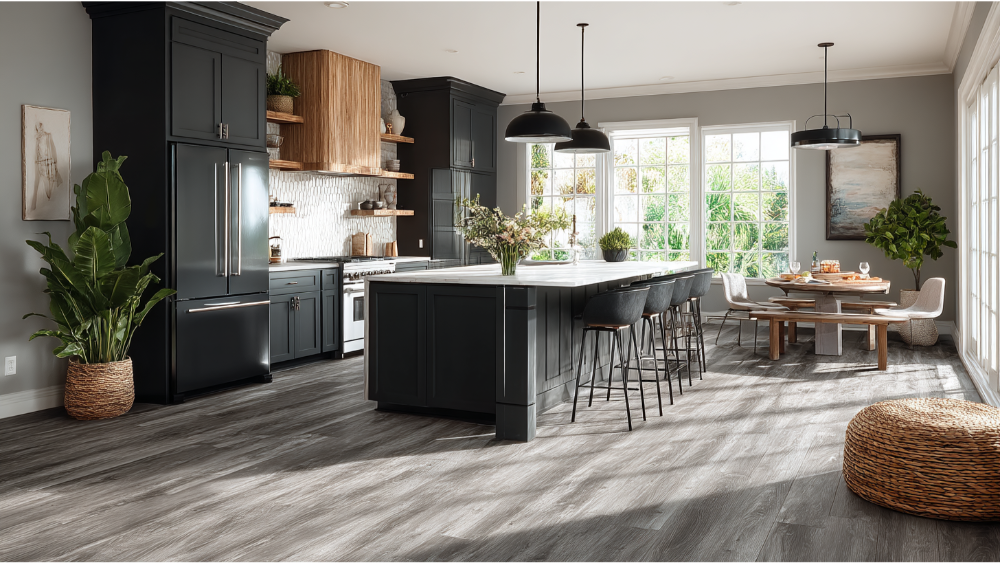Contemporary kitchen with dark cabinetry, luxury vinyl flooring, a large island with bar seating, pendant lighting, and a nearby round dining table by large windows.