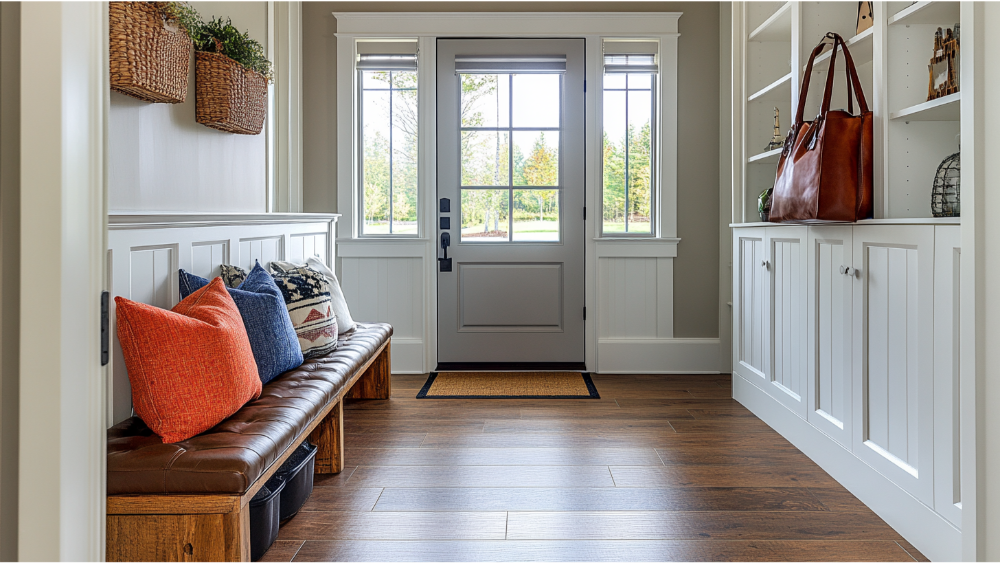 Welcoming entry space with rich brown vinyl plank floors, a built-in bench with throw pillows, white cabinetry, and natural woven baskets for storage.