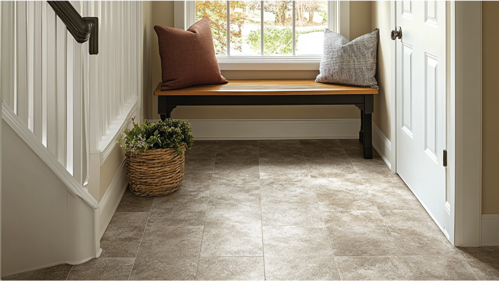 Cozy entryway with durable vinyl tile flooring, a wooden bench under a window, accent pillows, and a decorative woven basket with greenery.