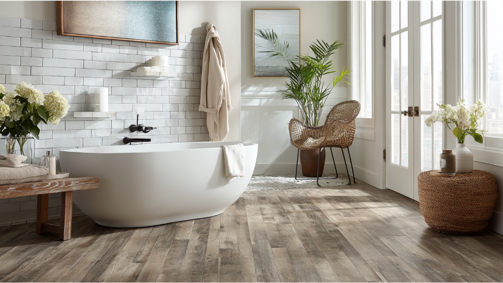 Spa-like bathroom featuring a white freestanding tub, light wood flooring, white subway tile walls, and natural decor with plants and woven textures.