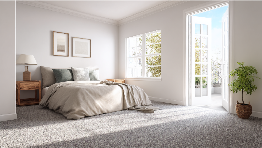 Peaceful bedroom with light gray carpet flooring, natural sunlight, minimal furniture, and access to a balcony through French doors.