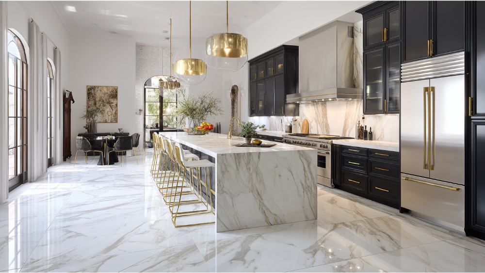 Sophisticated kitchen with white marble-look tile flooring, gold pendant lighting, dark cabinets, and a large marble island with seating.