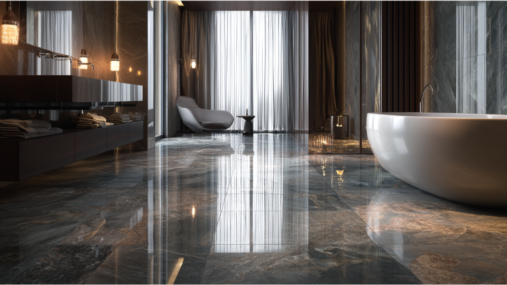 High-end bathroom featuring dark glossy stone flooring, a modern freestanding tub, ambient lighting, and rich wood finishes.