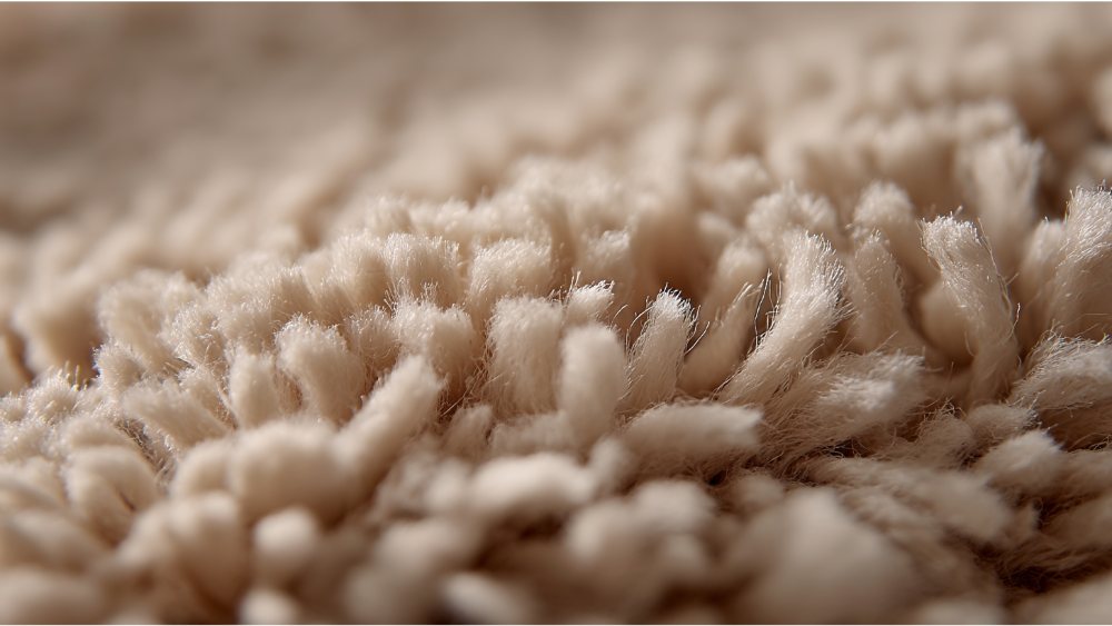 Macro shot of plush beige carpet fibers showcasing texture, softness, and fiber density for flooring detail.