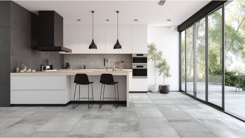 Modern white kitchen with black accents, large matte porcelain tile flooring, a minimalist island with barstools, and floor-to-ceiling glass doors leading to a patio.