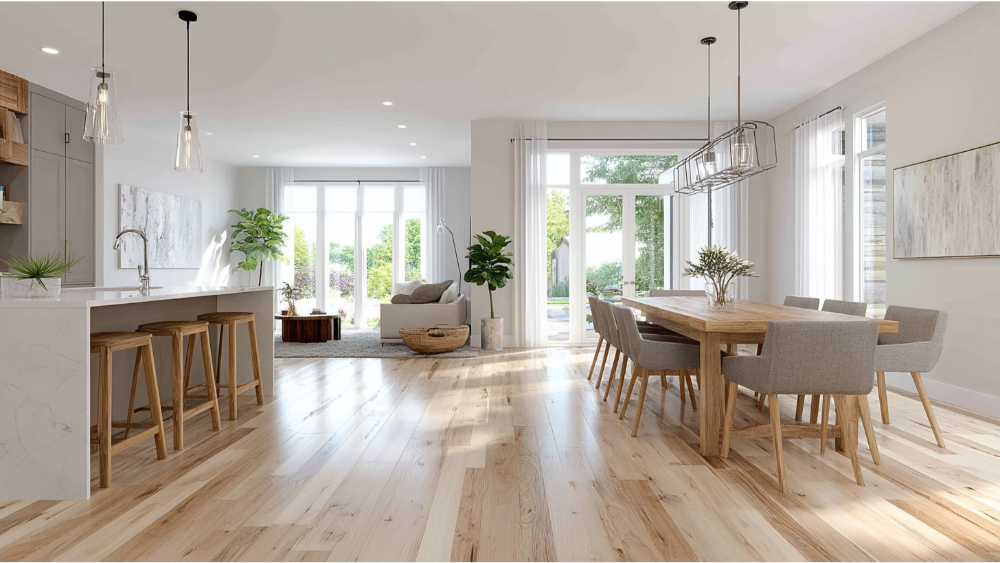 Bright and airy open-concept space with wide plank light wood flooring, a minimalist kitchen island with barstools, a wood dining table, and large windows providing natural light.
