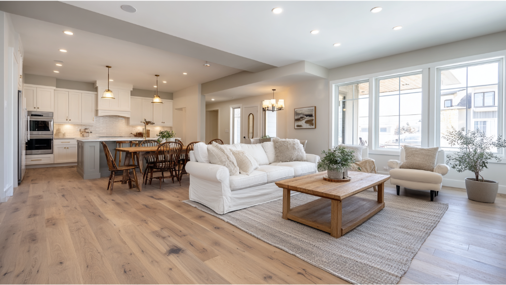 Spacious open-plan living and kitchen area with light wood flooring, white cabinetry, neutral furnishings, and large windows bringing in natural light.