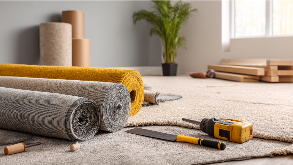 Interior space in the middle of flooring installation, featuring rolled carpet, power tools, and construction materials on a neutral carpet base.