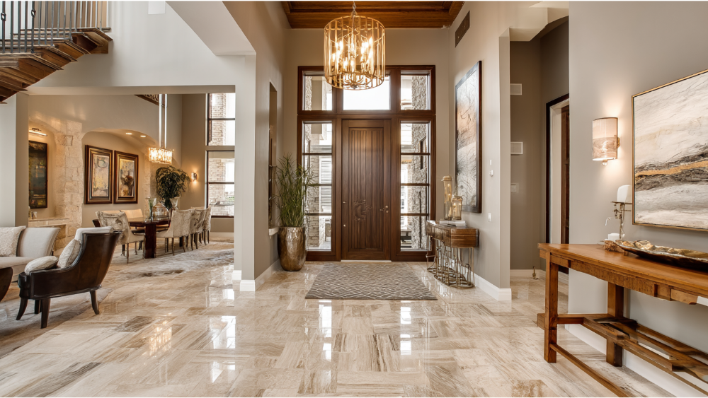 Spacious open-concept entryway featuring polished tile floors, a large wooden front door, a chandelier, and upscale furniture and wall art.