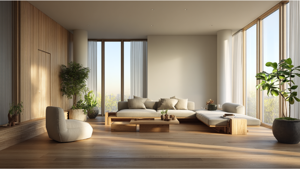 Minimalist living room featuring wide-plank oak flooring, neutral modern furniture, floor-to-ceiling windows, and large indoor plants.